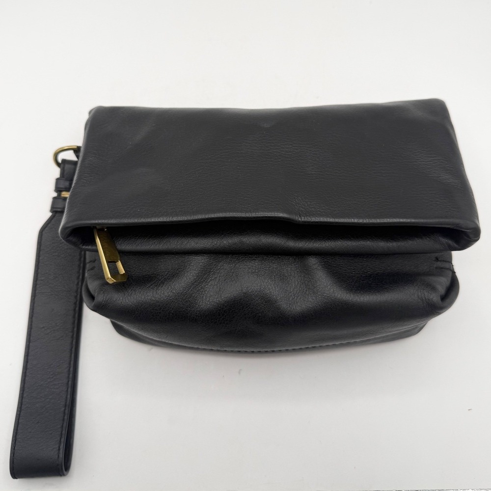 J. Crew Foldover Clutch Women Small Black Leather‎ Wristlet BA135 Gold HW